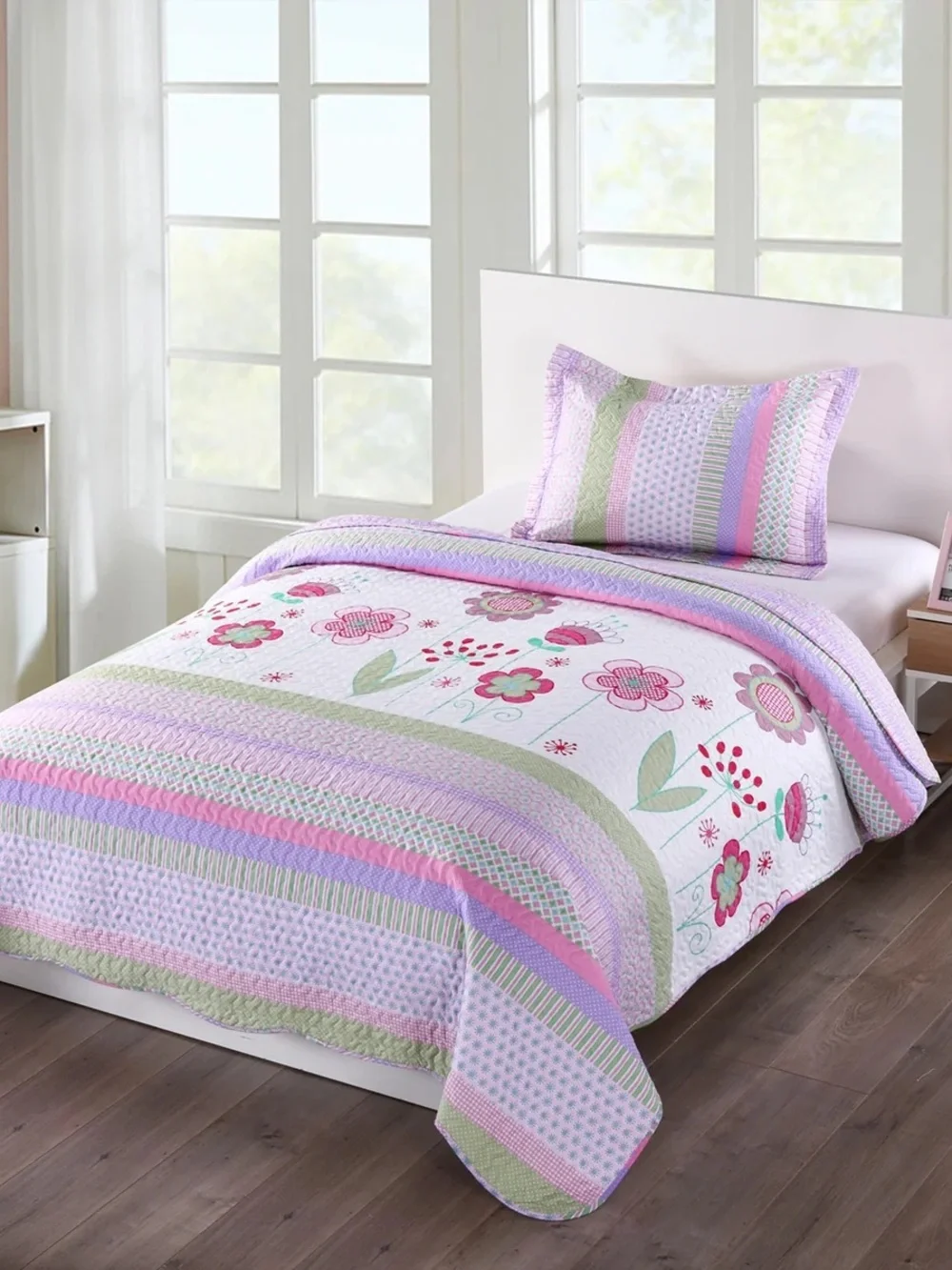 3 PIECE KIDS FLORAL QUILT BEDSPREAD SET